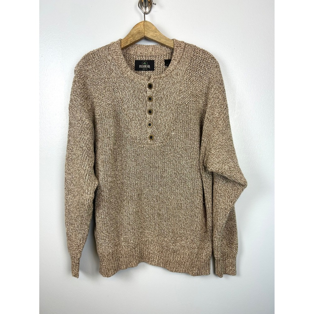 Vintage REDHEAD Sweater Large Tan ‎ Knit Henley Brass Button Pullover Fisherman